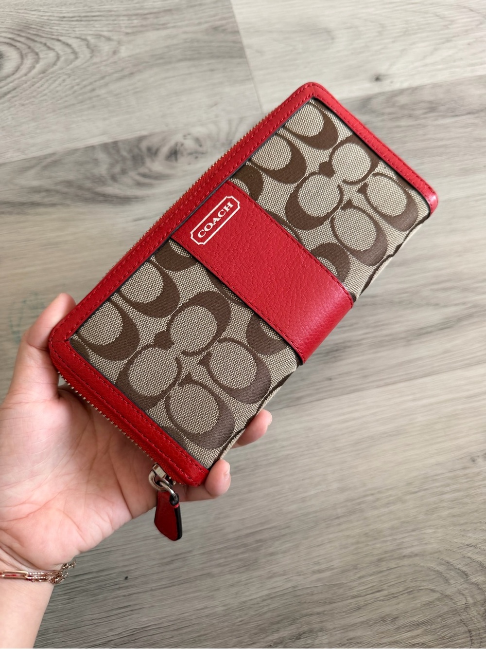 Coach Brown Signature Canvas Wallet with Red Trim